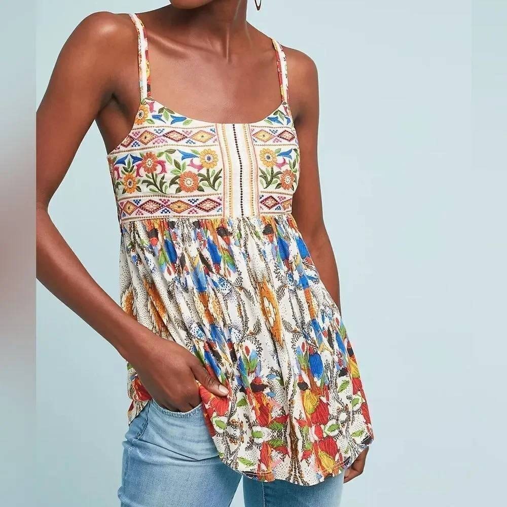 Anthropologie One September Fowler Tank Embroidered Floral Tie Back Strappy Boho